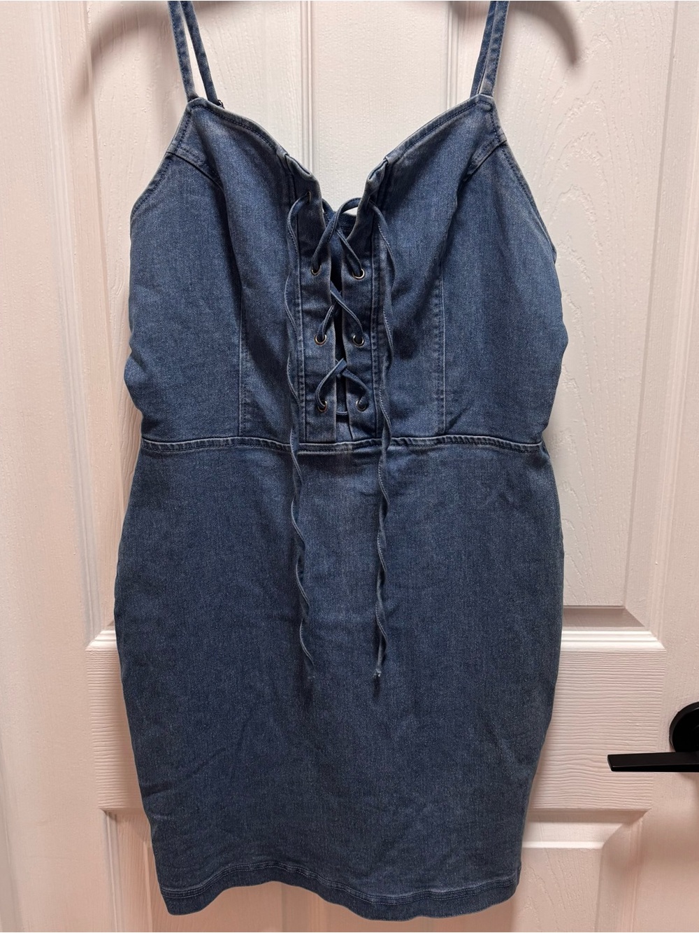 Lace-Up Spaghetti Strap Denim Mini Dress - Blue